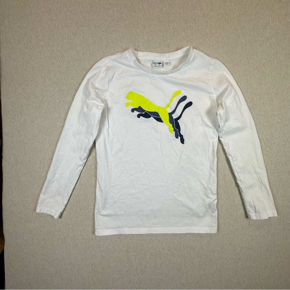 Puma Kids White and Yellow Long Sleeve Tee youth Medium (10-12)